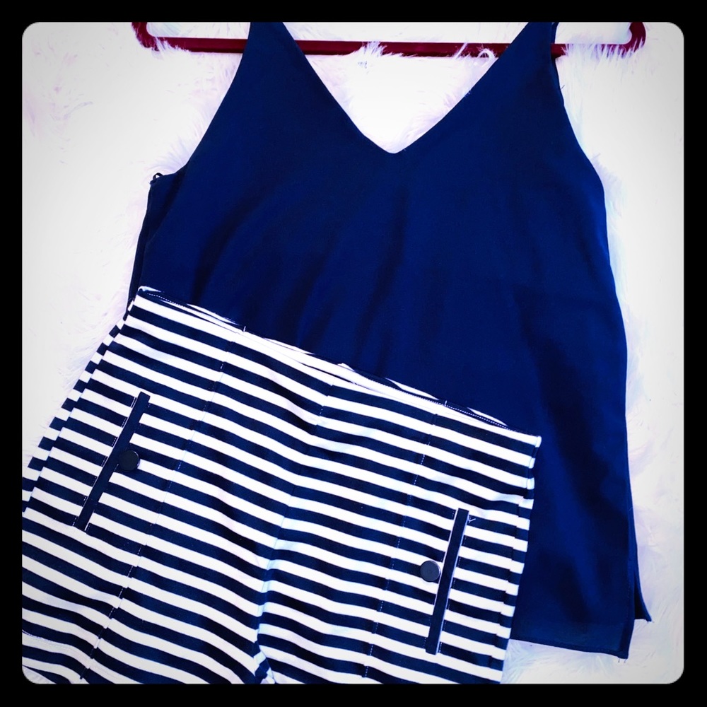 Navy blue top and navy blue striped shorts outfit